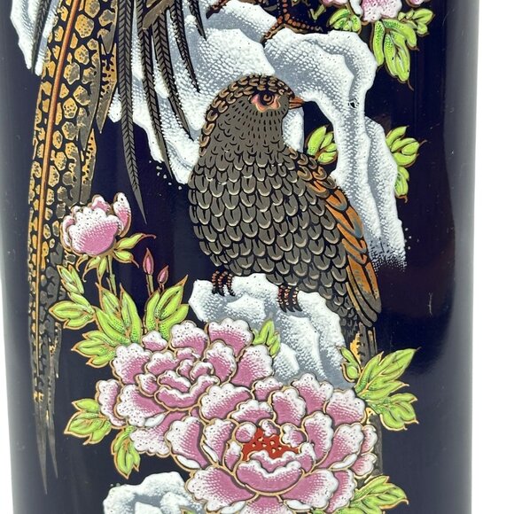 Vintage Japanese Vase Cobalt Pheasant Porcelain Vase Pink Florals Gold Trim - Picture 4 of 9